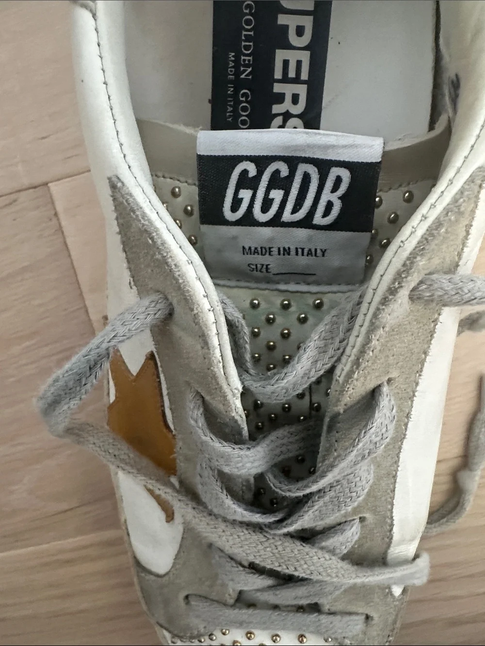 Golden Goose White, Gray & Gold Star Studded Sneakers - Picture 9 of 9